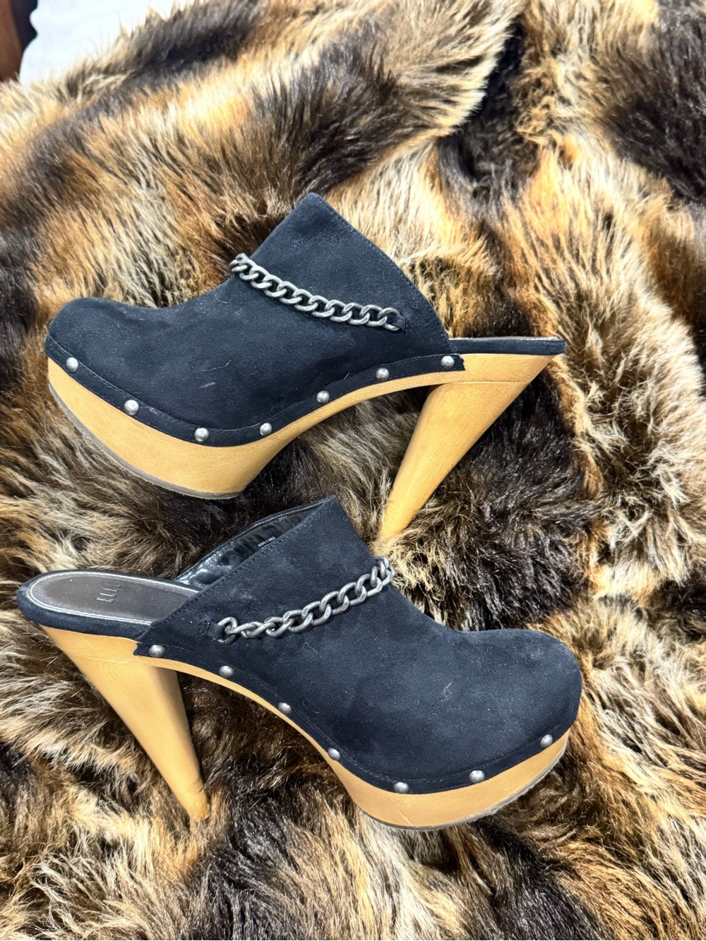 Elle Black Suede Chain-Trim Wooden Platform Clogs
